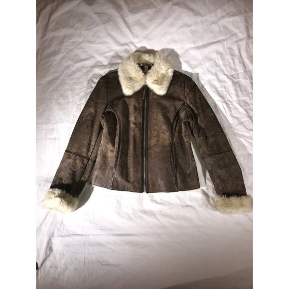 Express Women's Brown Distressed Leather Faux Fur Bomber Aviator Chore Jacket - Picture 2 of 9